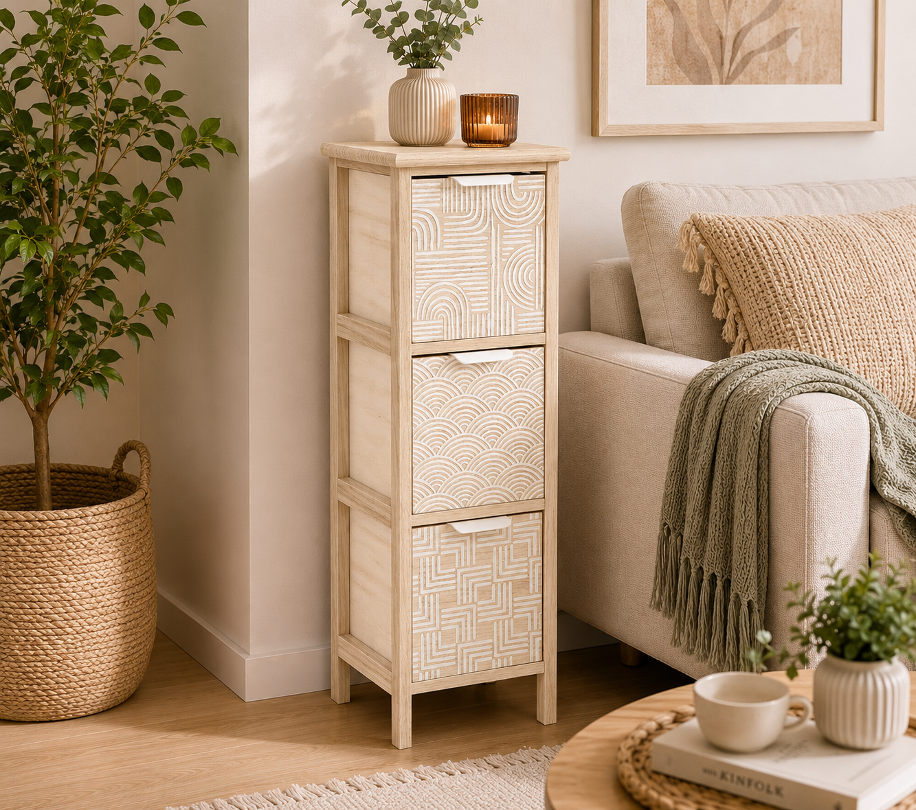 Συρταριέρα MDF με 3 Συρτάρια 25x25x77cm Μπεζ με Σχέδια MRShome
