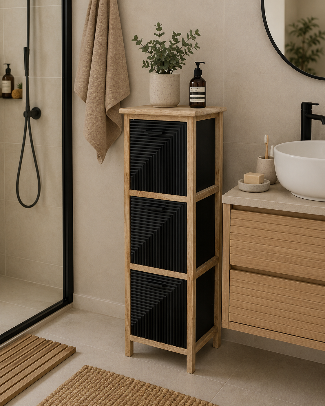 Συρταριέρα MDF με 3 Συρτάρια Φυσική/Μαύρη 25x25x77cm MRShome