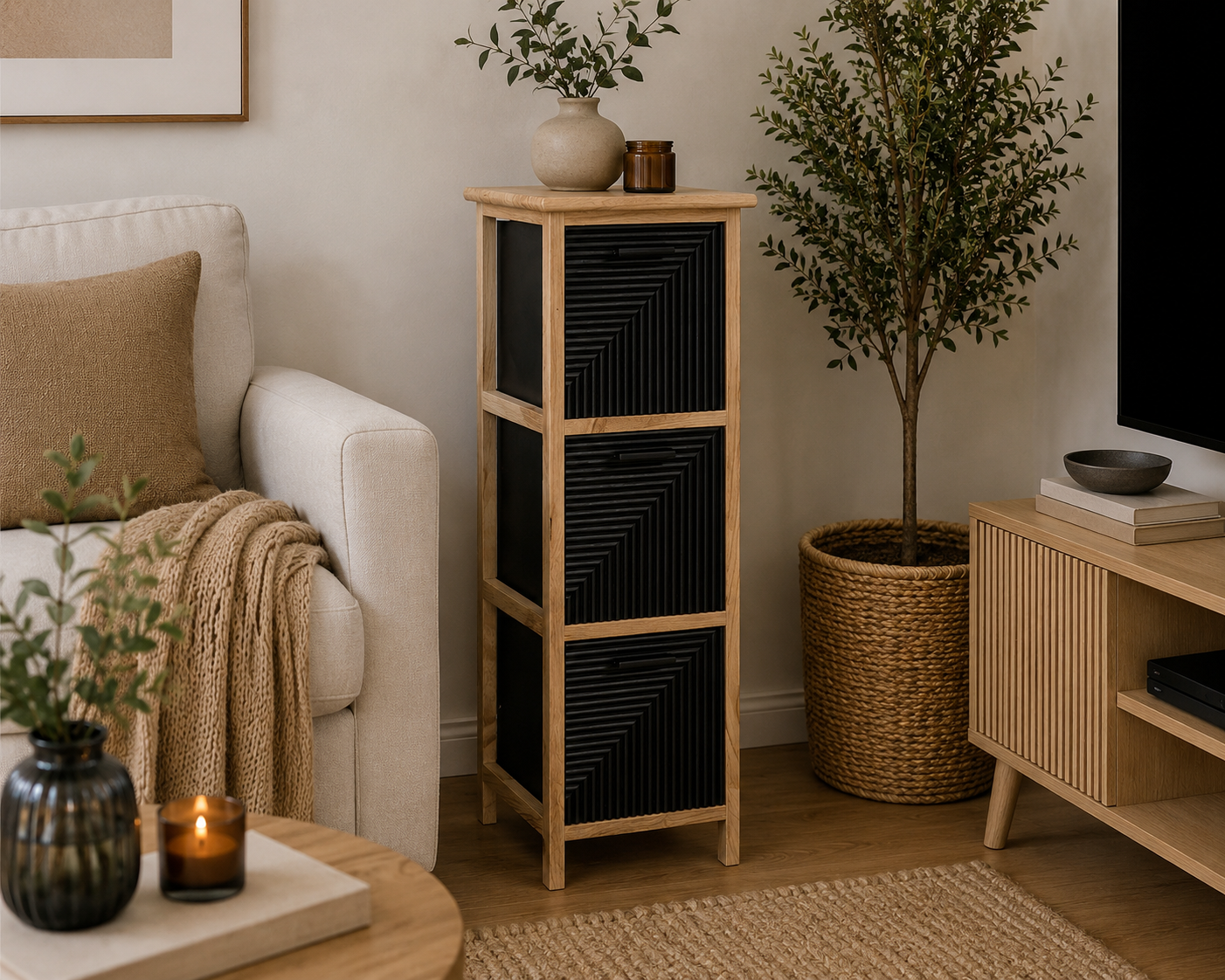 Συρταριέρα MDF με 3 Συρτάρια Φυσική/Μαύρη 25x25x77cm MRShome