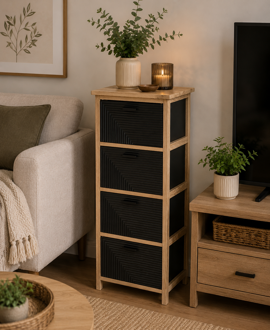 Συρταριέρα MDF με 4 Συρτάρια 37.5x27.5x86cm Φυσική/Μαύρη με Σχέδιο MRShome