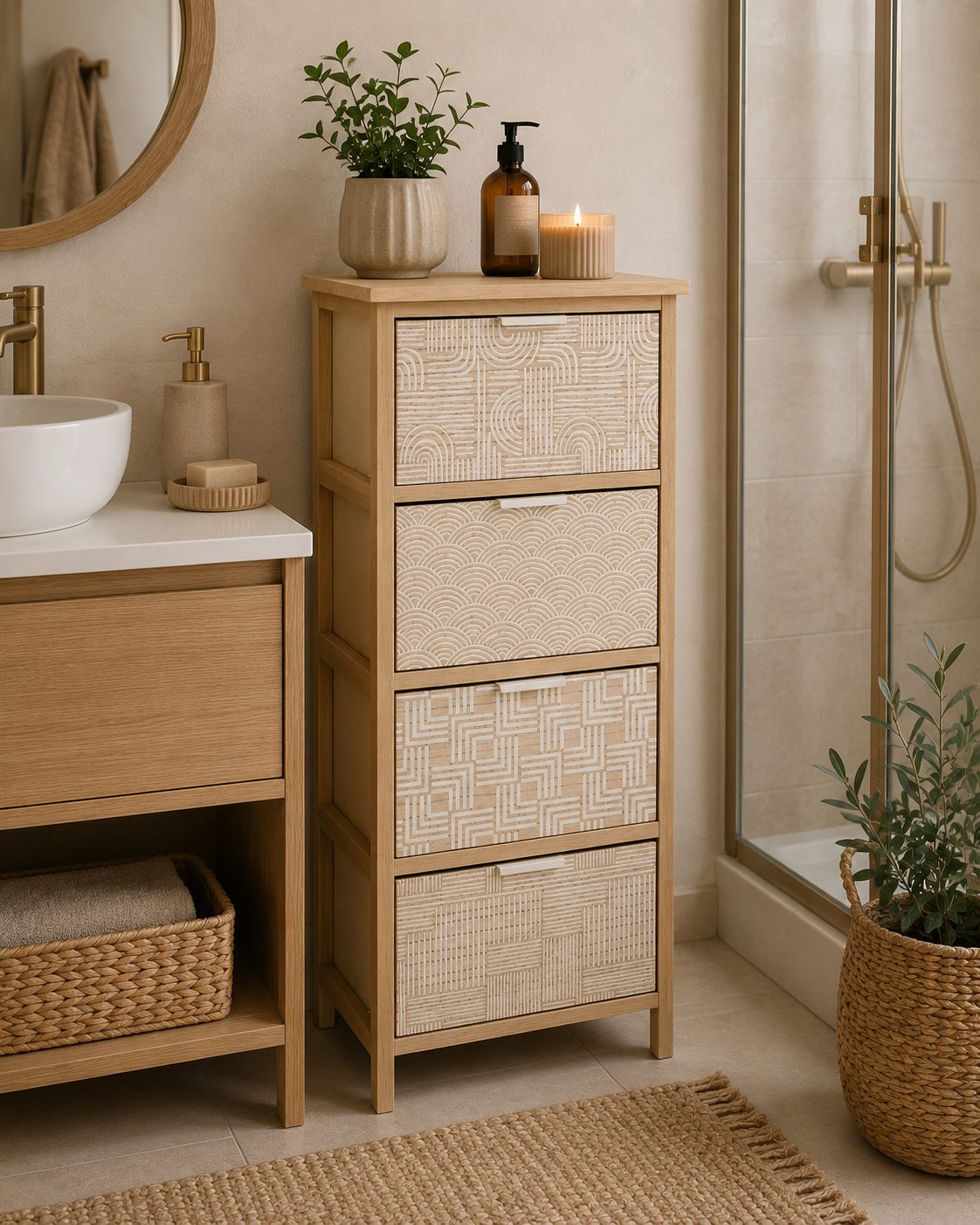 Συρταριέρα MDF με 4 Συρτάρια 37.5x27.5x86cm Μπεζ με Σχέδια MRShome