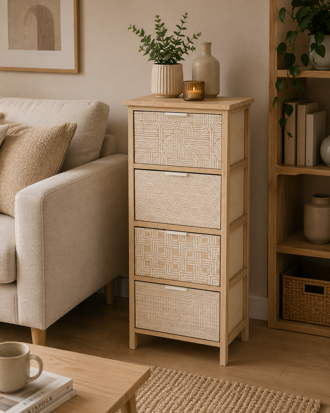 Συρταριέρα MDF με 4 Συρτάρια 37.5x27.5x86cm Μπεζ με Σχέδια MRShome