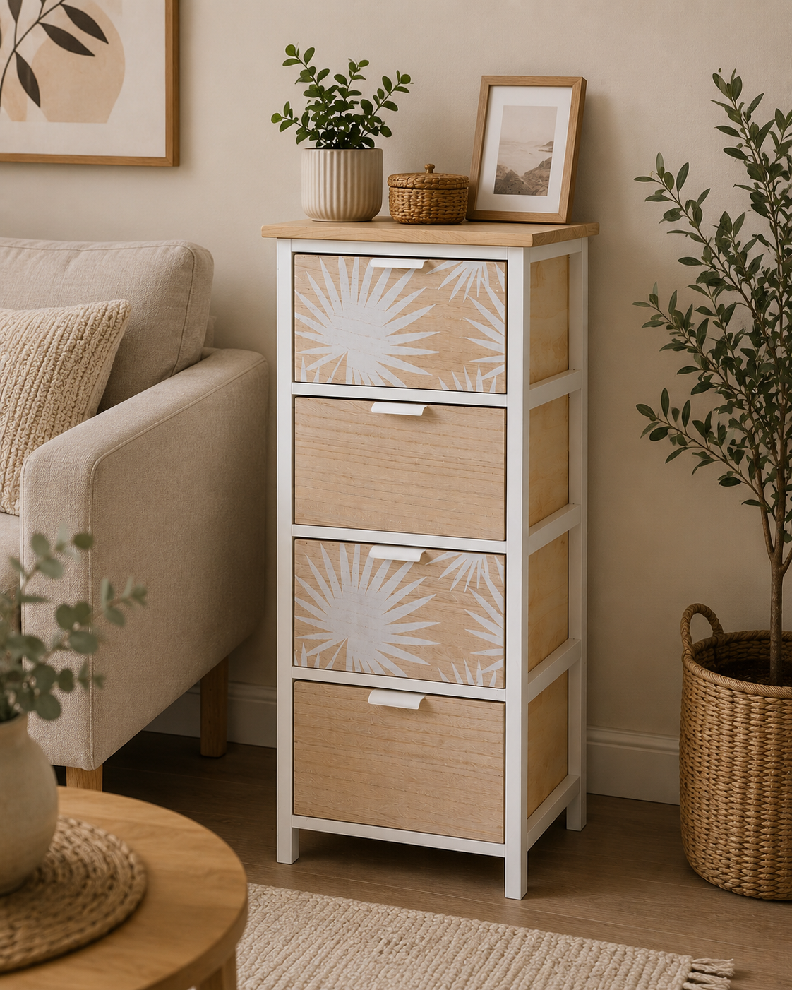 Συρταριέρα MDF με 4 Συρτάρια 37.5x27.5x86cm Μπεζ με Σχέδιο MRShome