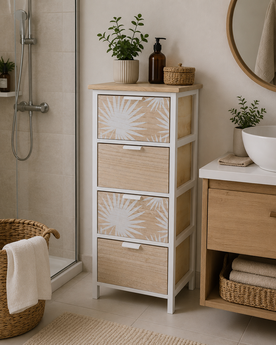 Συρταριέρα MDF με 4 Συρτάρια 37.5x27.5x86cm Μπεζ με Σχέδιο MRShome