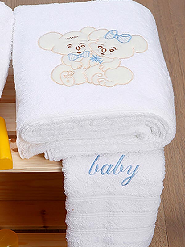 Σετ πετσέτες κεντητές Couple 06 White - Blue Σετ 2 τεμαχίων