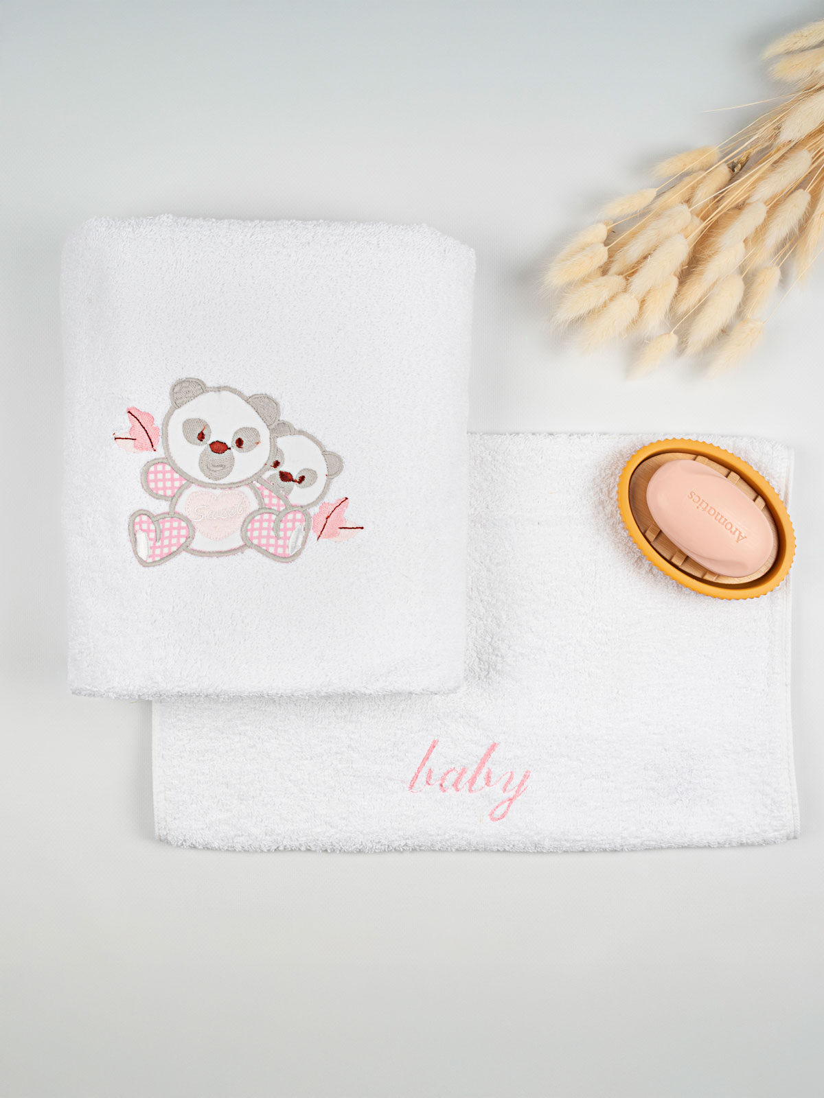 Σετ πετσέτες κεντητές Panda 02 White/Pink