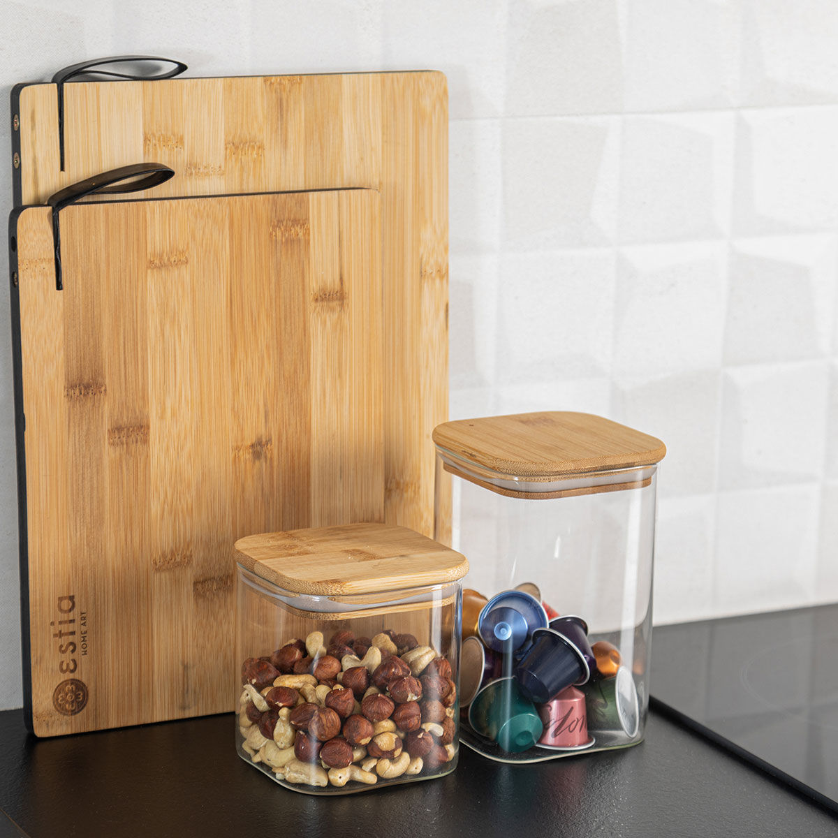 ESTIA ΔΟΧΕΙΟ ΑΠΟΘΗΚΕΥΣΗΣ BAMBOO ESSENTIALS 550ml ΓΥΑΛΙΝΟ ΜΕ ΚΑΠΆΚΙ