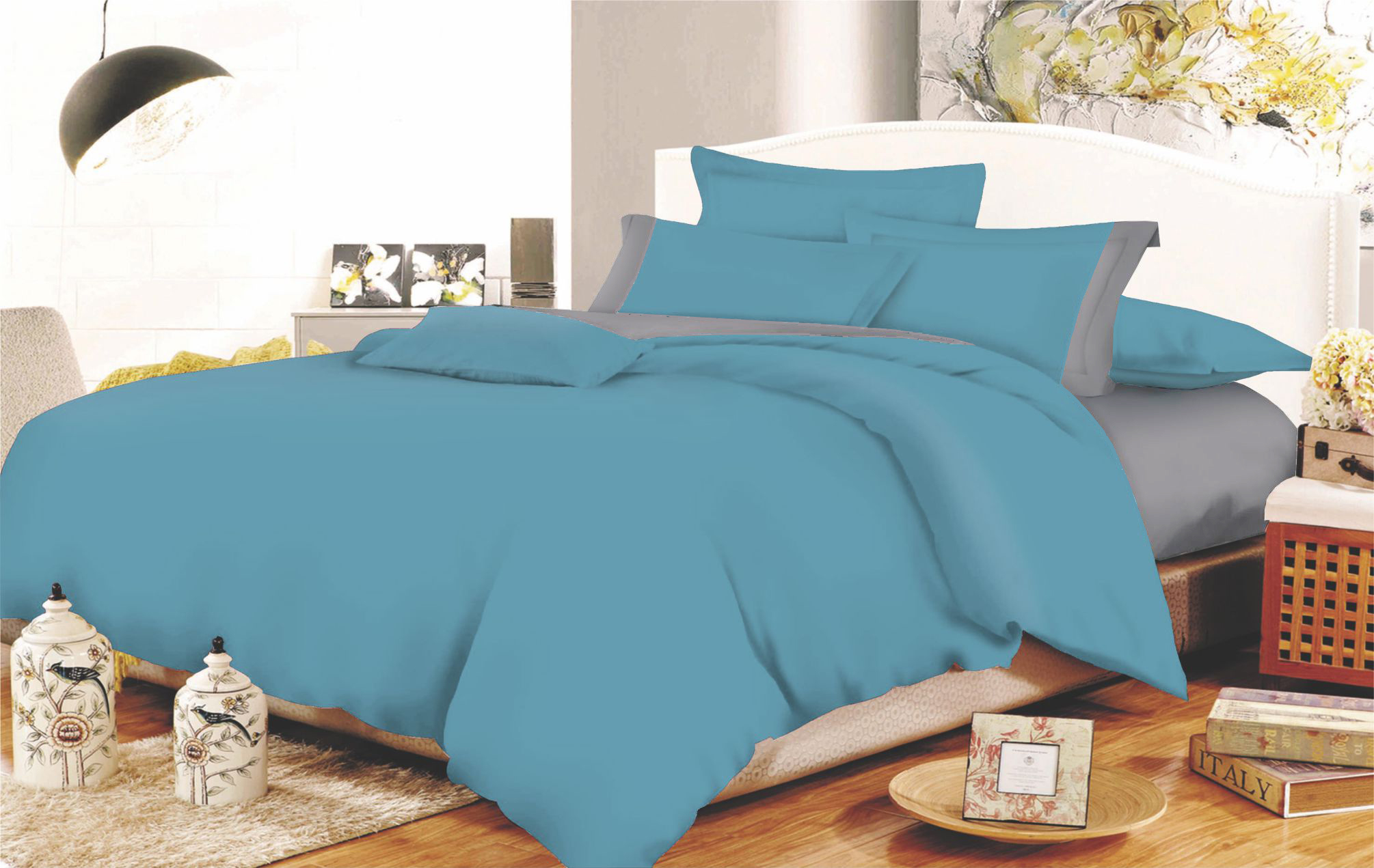 Σετ Σεντόνια ΚΟΜΒΟΣ Cotton Line Dolphin Blue - Grey Μονόχρωμα με Φάσα Υπέρδιπλα με λάστιχο 170x200+22