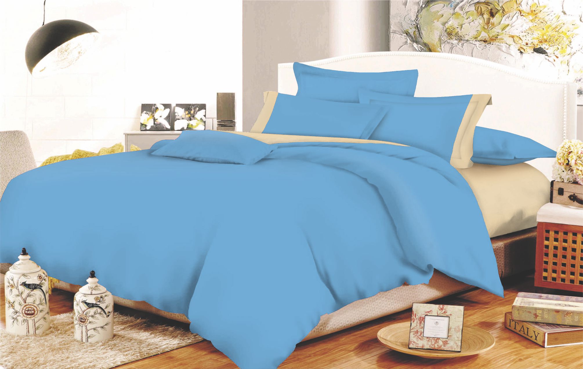 Σετ Σεντόνια ΚΟΜΒΟΣ Cotton Line Sky Blue - Beige Μονόχρωμα με Φάσα Διπλά 200x240