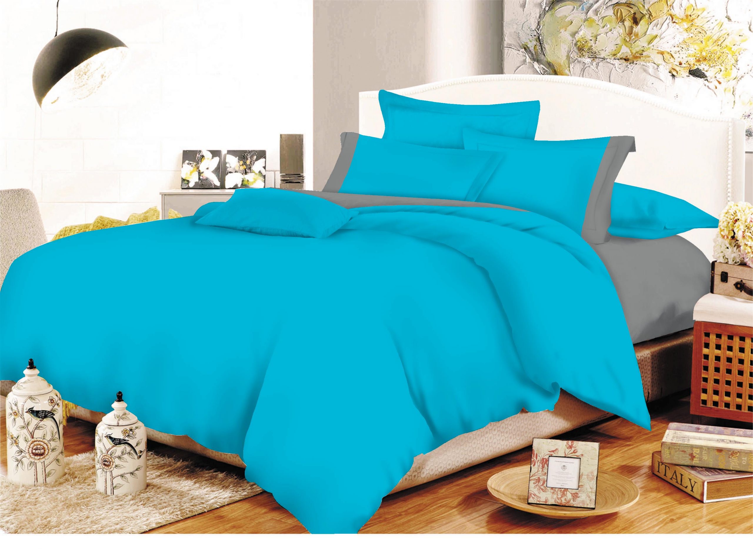 Σετ Σεντόνια ΚΟΜΒΟΣ Cotton Line Turquoise  - Grey Μονόχρωμα με Φάσα Υπέρδιπλα 220x240