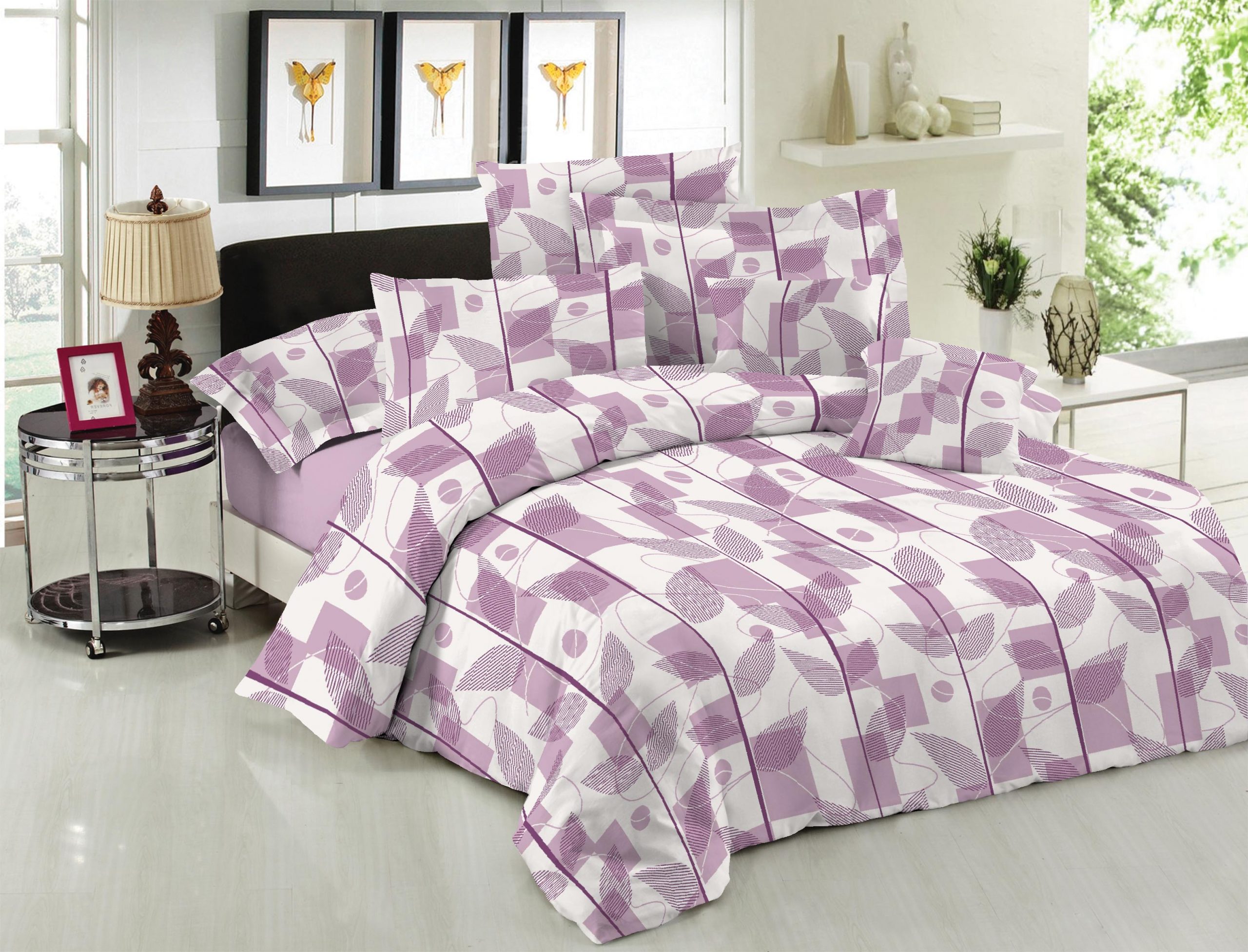 Σετ Σεντόνια Le Blanc Premium Cotton 100% Leaves Lilac Υπέρδιπλα με λάστιχο 160x200+33