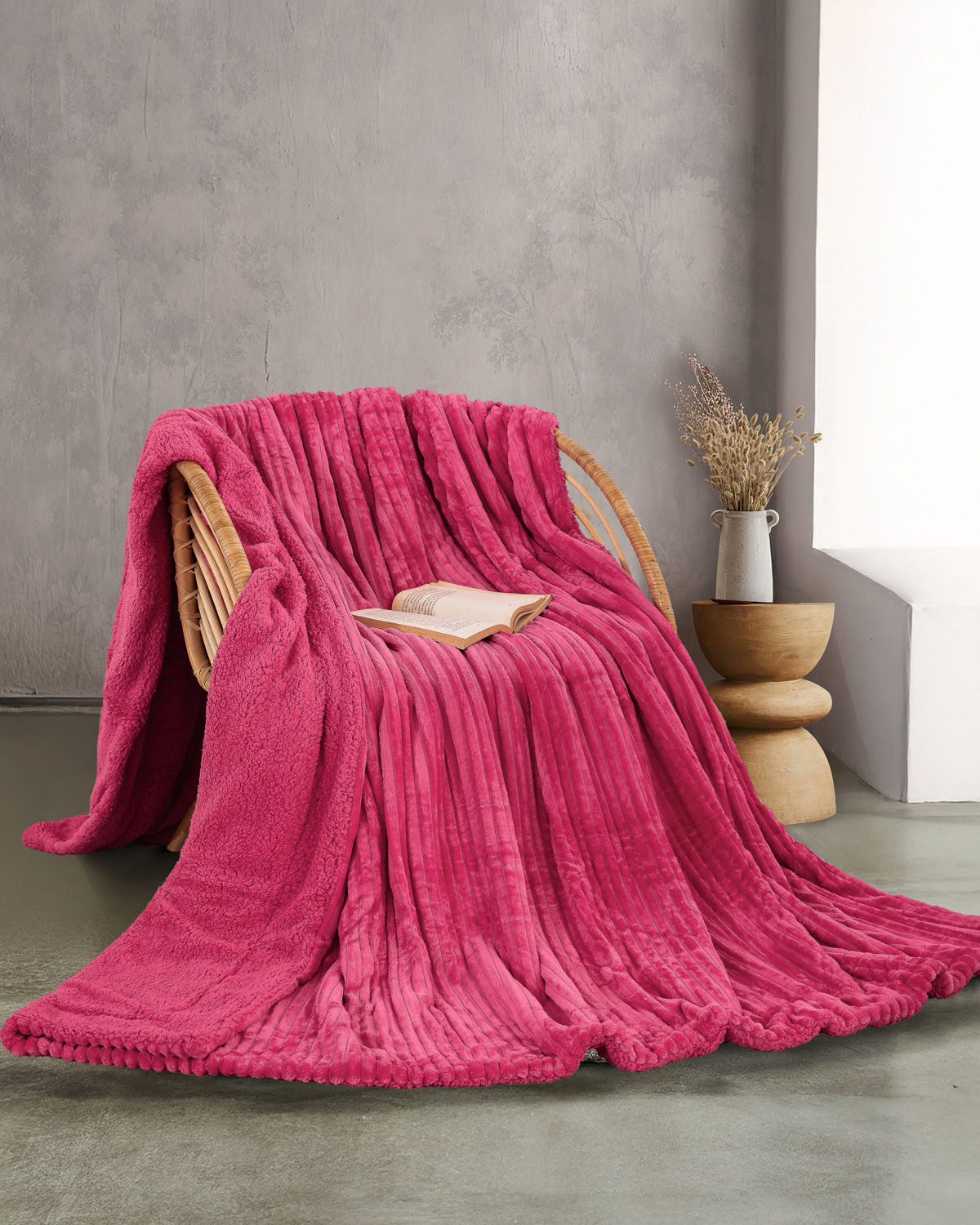 JOLLEIN - ΚΟΥΒΕΡΤΑ JACQUARD FLANNEL ΜΕ SHERPA ΦΟΥΞΙΑ ΦΟΥΞΙΑ