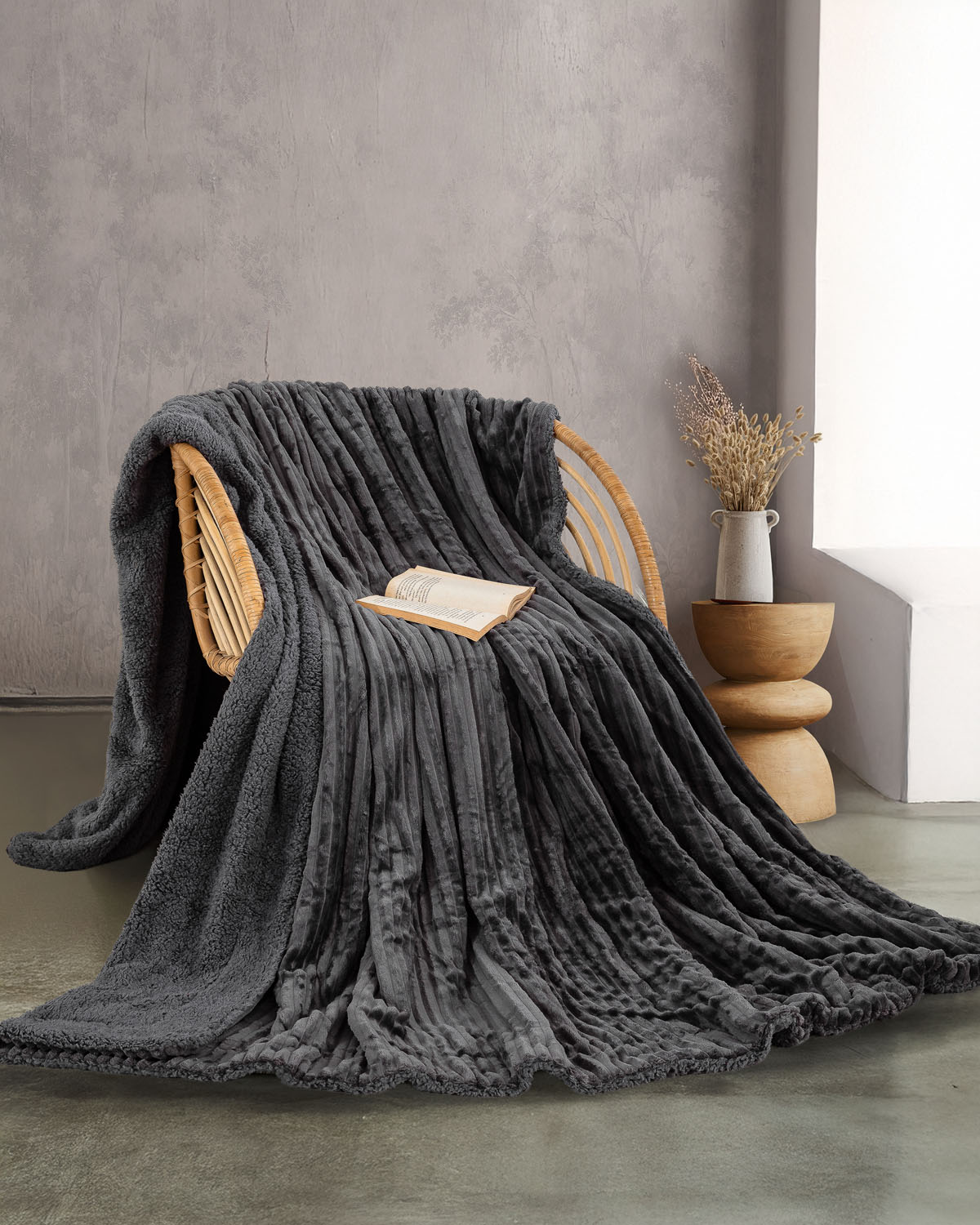 JOLLEIN - ΚΟΥΒΕΡΤΑ JACQUARD FLANNEL ΜΕ SHERPA ΓΚΡΙ ΓΚΡΙ