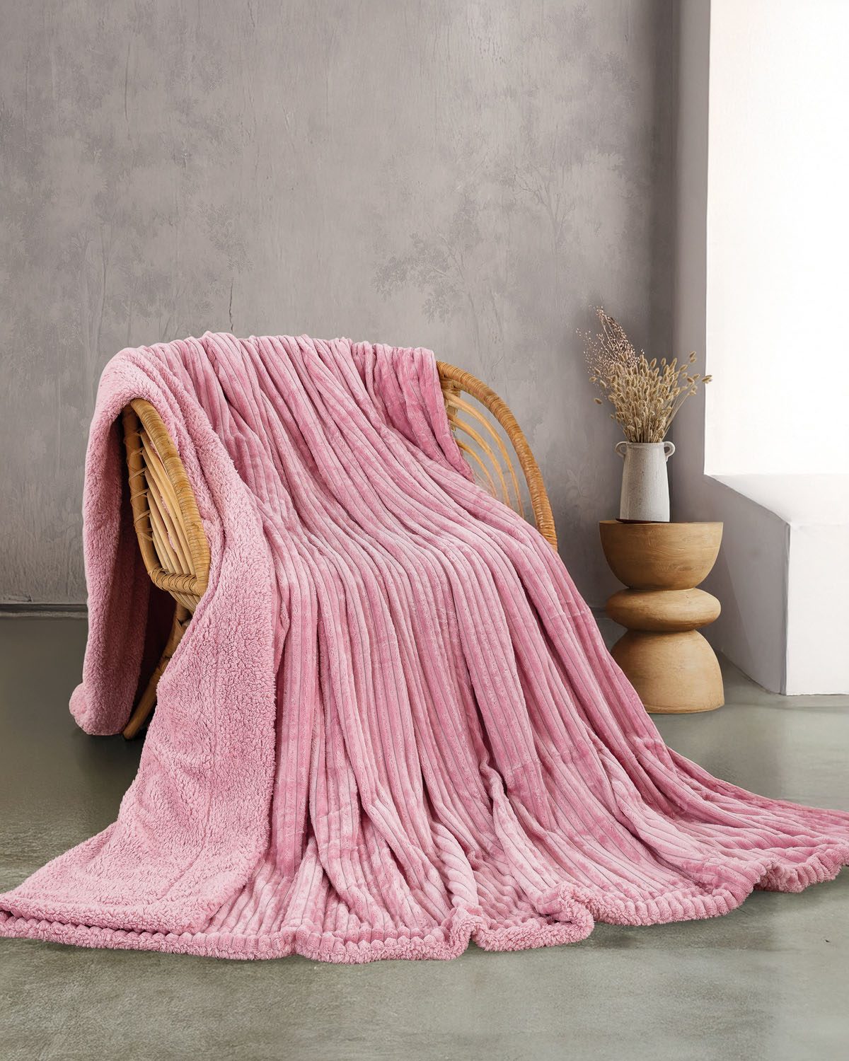 JOLLEIN - ΚΟΥΒΕΡΤΑ JACQUARD FLANNEL ΜΕ SHERPA ΡΟΖ ΡΟΖ