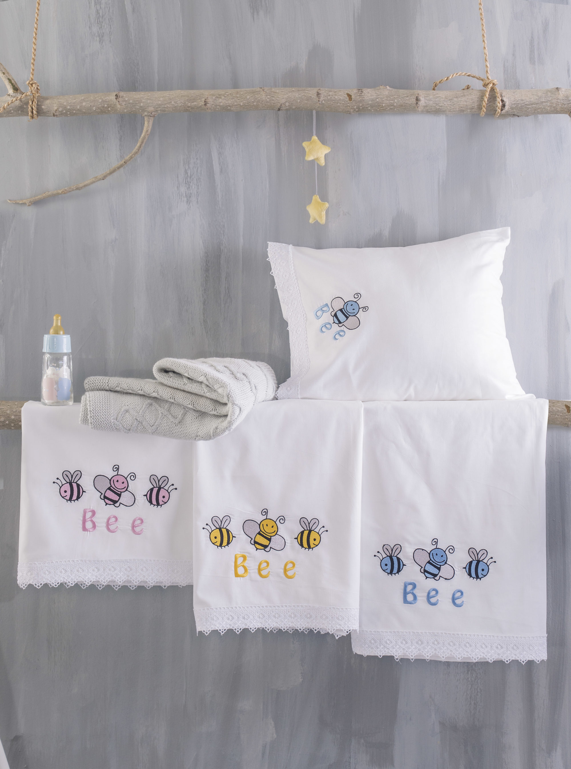 Σεντόνια Σετ Κούνιας 105x160 Rythmos Honey Bee Σιέλ