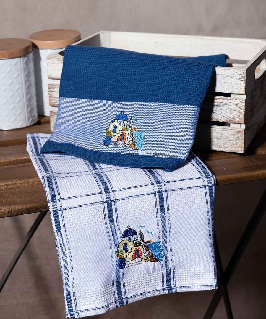 Σετ 2 τεμαχίων ποτηρόπανα (50cm x 70cm) εκκλησία μπλέ