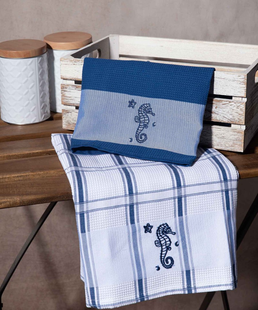 Σετ 2 τεμαχίων ποτηρόπανα (50cm x 70cm) ιππόκαμπος μπλέ