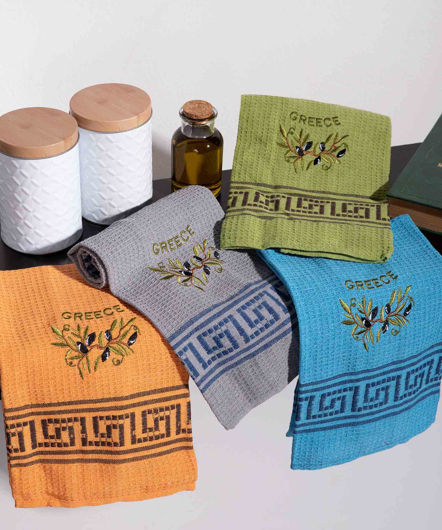 Σετ 12 τεμαχίων ποτηρόπανα (45cm x 65cm) κλαδί ελιάς χρωματιστό GREECE