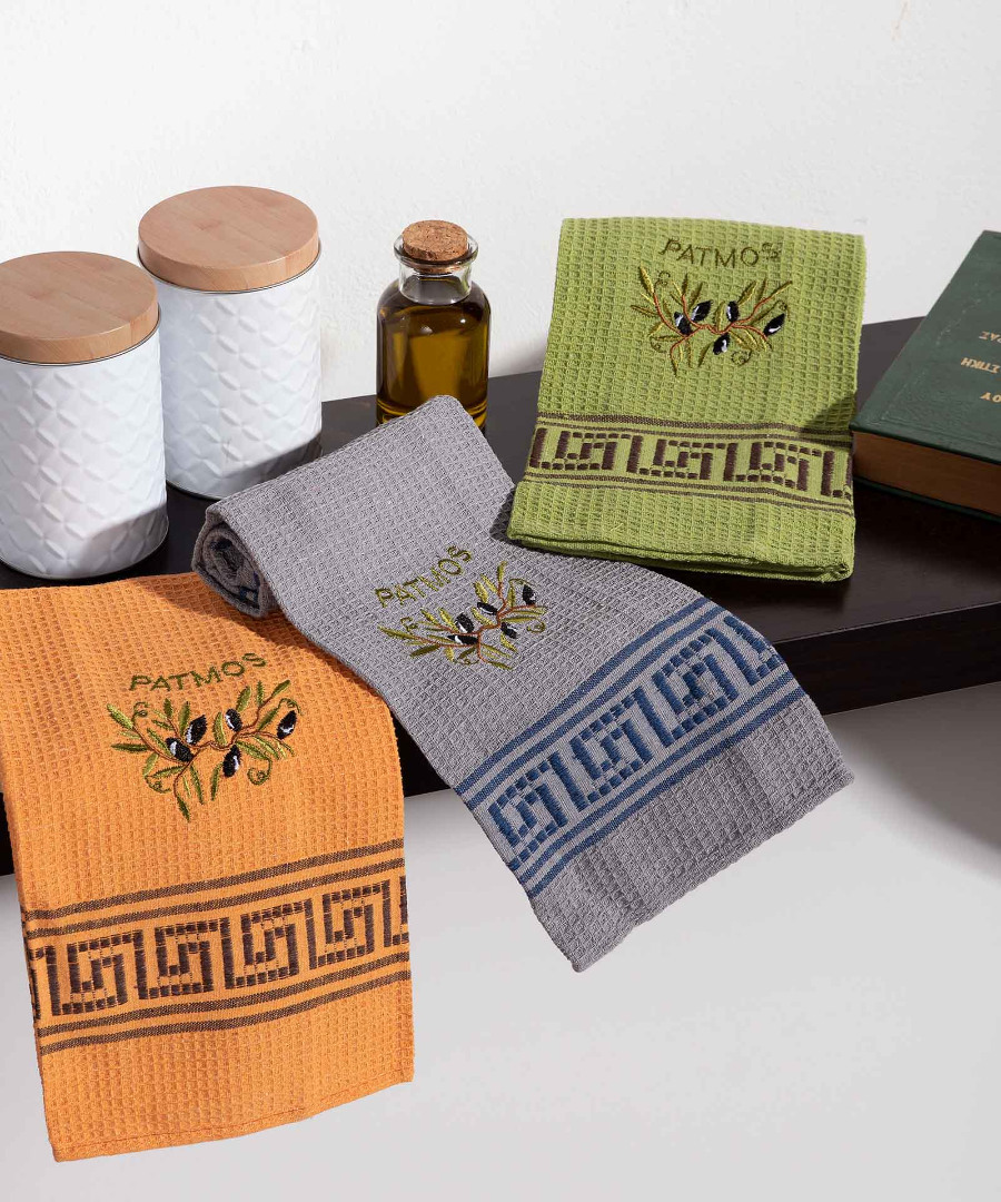 Σετ 12 τεμαχίων ποτηρόπανα (45cm x 65cm) κλαδί ελιάς χρωματιστό PATMOS