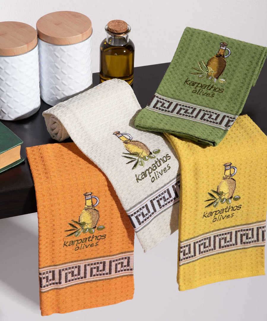 Σετ 12 τεμαχίων ποτηρόπανα (45cm x 65cm) μπουκάλι λάδι KARPATHOS