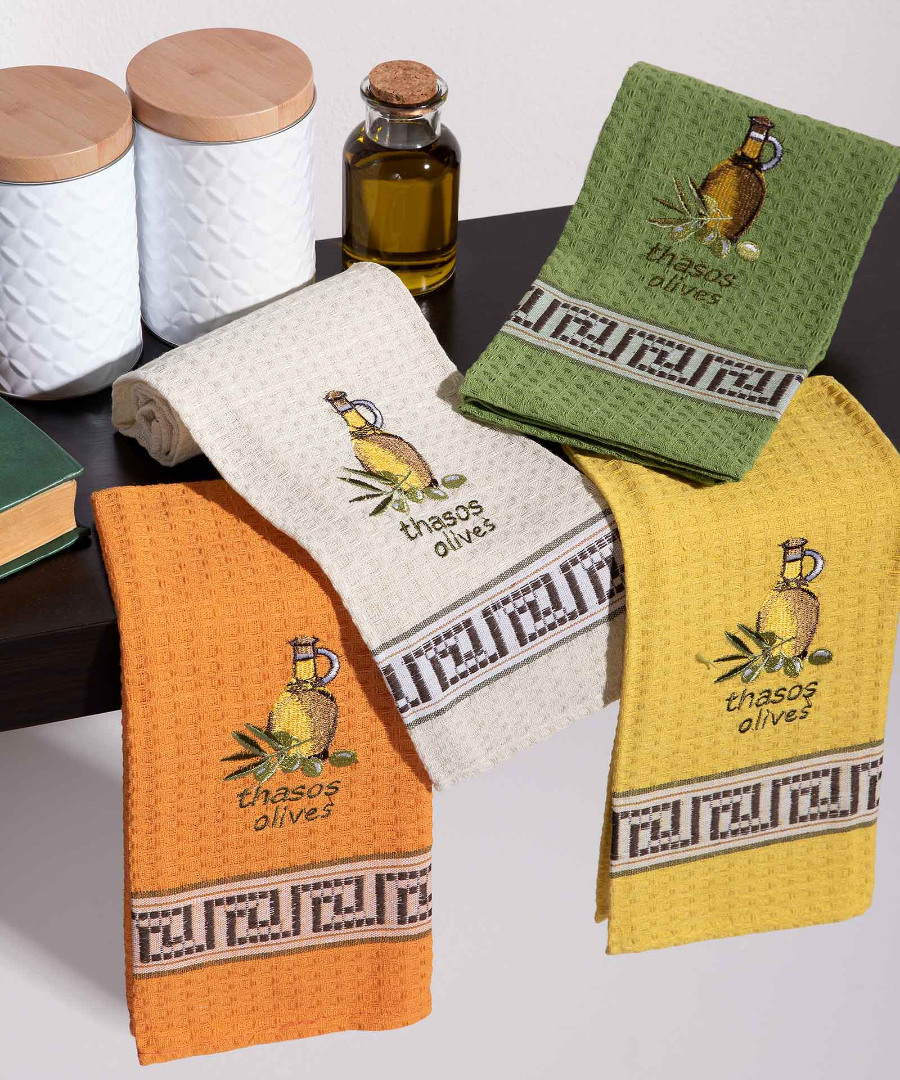 Σετ 12 τεμαχίων ποτηρόπανα (45cm x 65cm) μπουκάλι λάδι THASOS