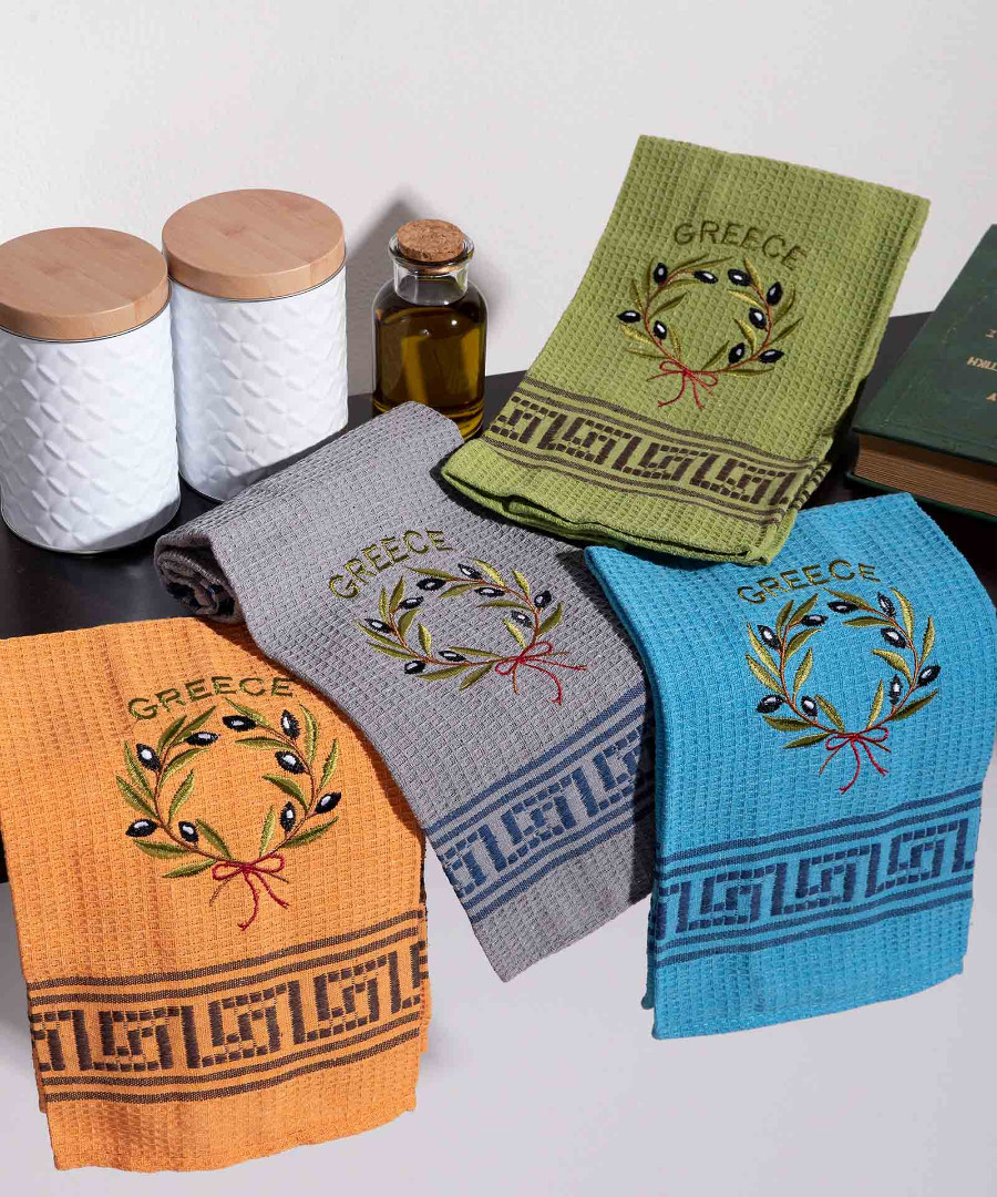 Σετ 12 τεμαχίων ποτηρόπανα (45cm x 65cm) στεφάνι ελιάς χρωματιστό GREECE