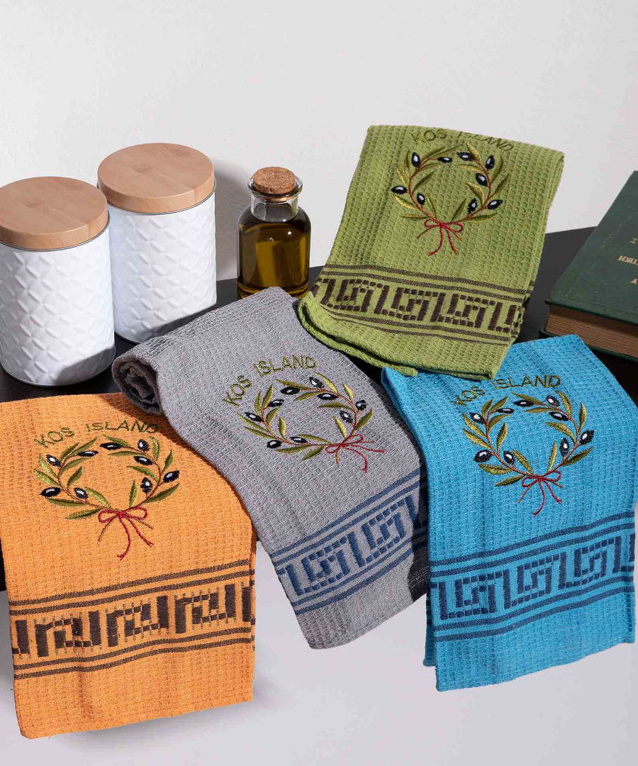 Σετ 12 τεμαχίων ποτηρόπανα (45cm x 65cm) στεφάνι ελιάς χρωματιστό KOS