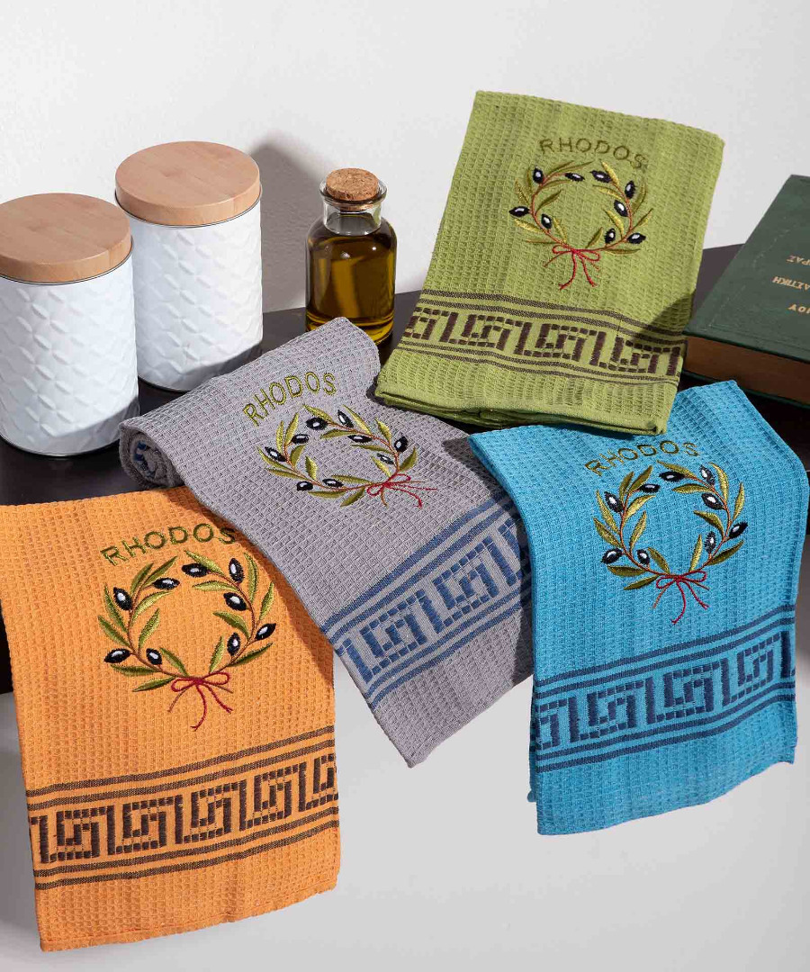 Σετ 12 τεμαχίων ποτηρόπανα (45cm x 65cm) στεφάνι ελιάς χρωματιστό RHODES