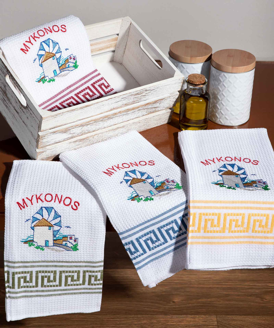 Σετ 12 τεμαχίων ποτηρόπανα (50cm x 70cm) ανεμόμυλος MYKONOS