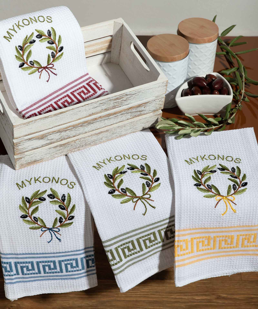 Σετ 12 τεμαχίων ποτηρόπανα (50cm x 70cm) στεφάνι MYKONOS