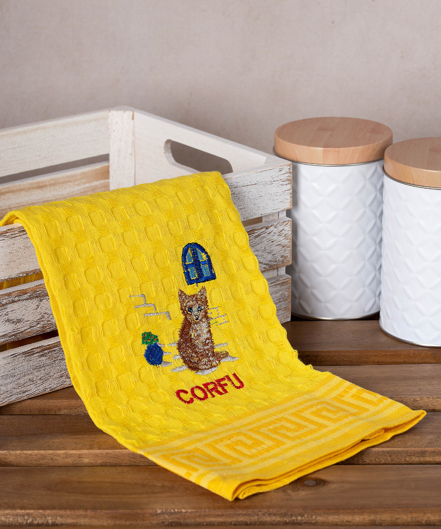 Σετ 12 τεμαχίων ποτηρόπανα γκοφρέ (50cm x 70cm) κίτρινο γάτα CORFU