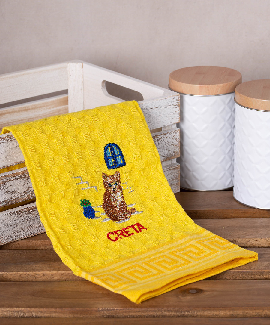 Σετ 12 τεμαχίων ποτηρόπανα γκοφρέ (50cm x 70cm) κίτρινο γάτα CRETA
