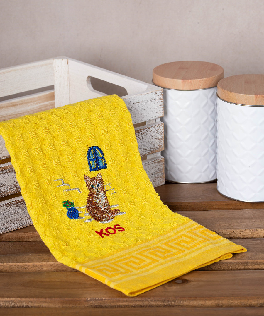Σετ 12 τεμαχίων ποτηρόπανα γκοφρέ (50cm x 70cm) κίτρινο γάτα KOS