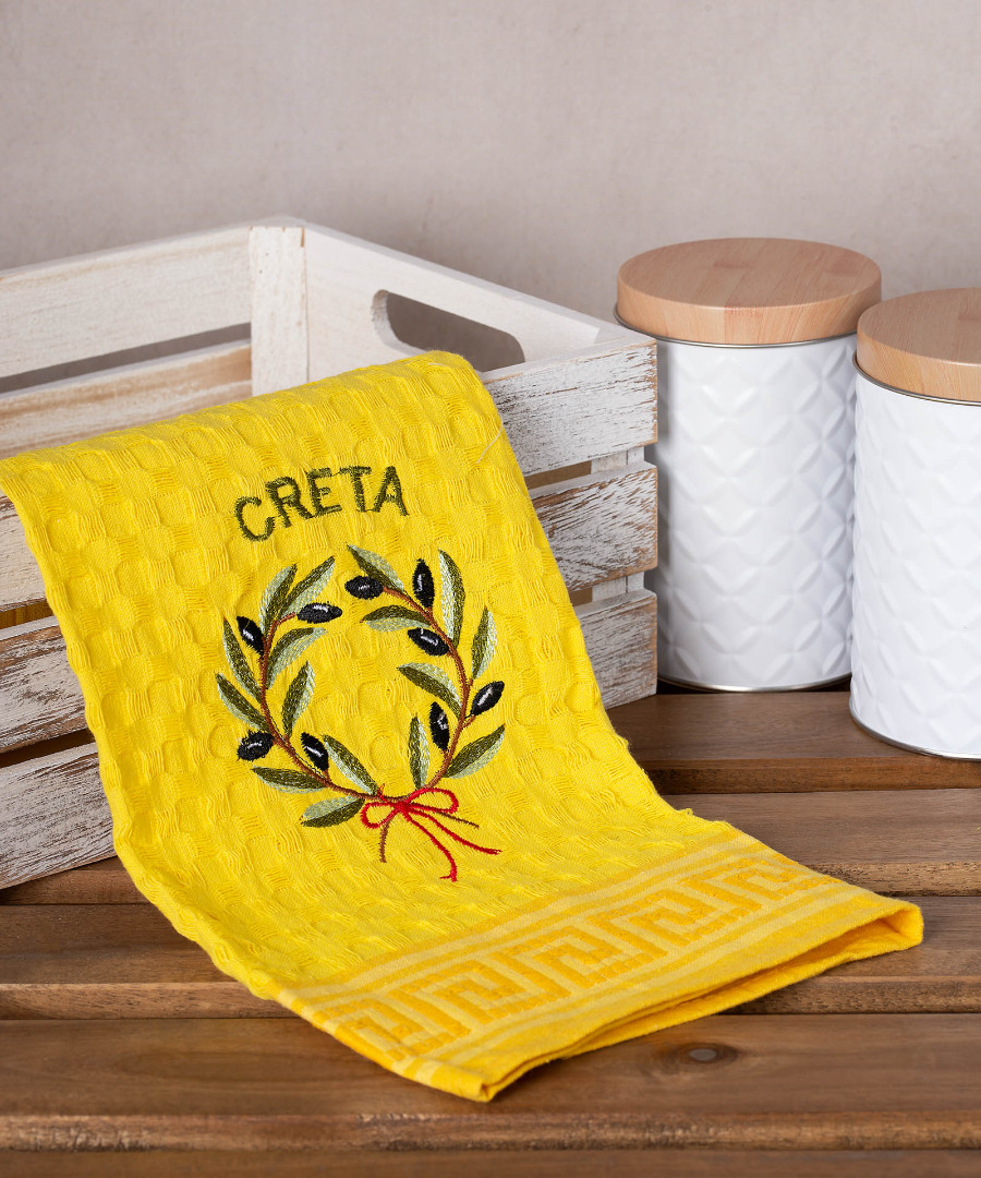 Σετ 12 τεμαχίων ποτηρόπανα γκοφρέ (50cm x 70cm) κίτρινο στεφάνι CRETA