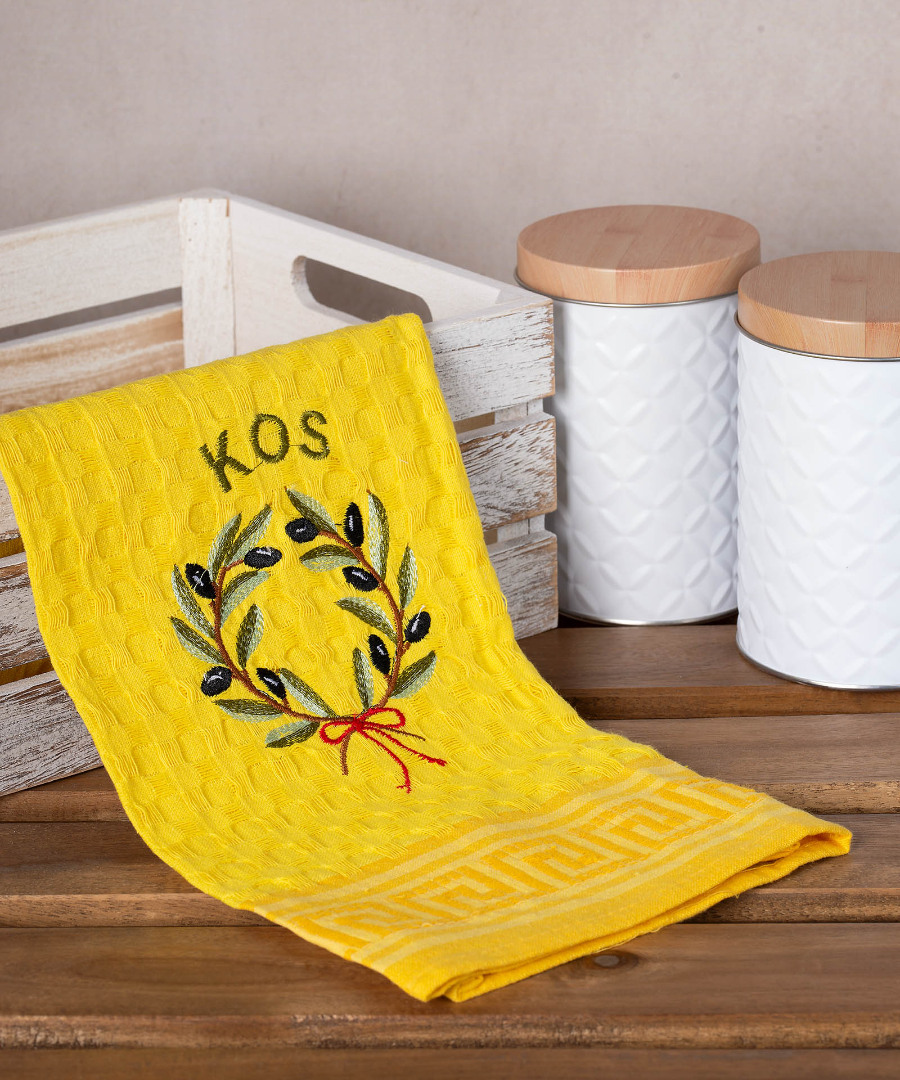 Σετ 12 τεμαχίων ποτηρόπανα γκοφρέ (50cm x 70cm) κίτρινο στεφάνι KOS