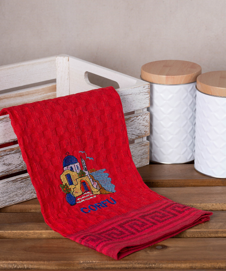 Σετ 12 τεμαχίων ποτηρόπανα γκοφρέ (50cm x 70cm) κόκκινο εκκλησία CORFU