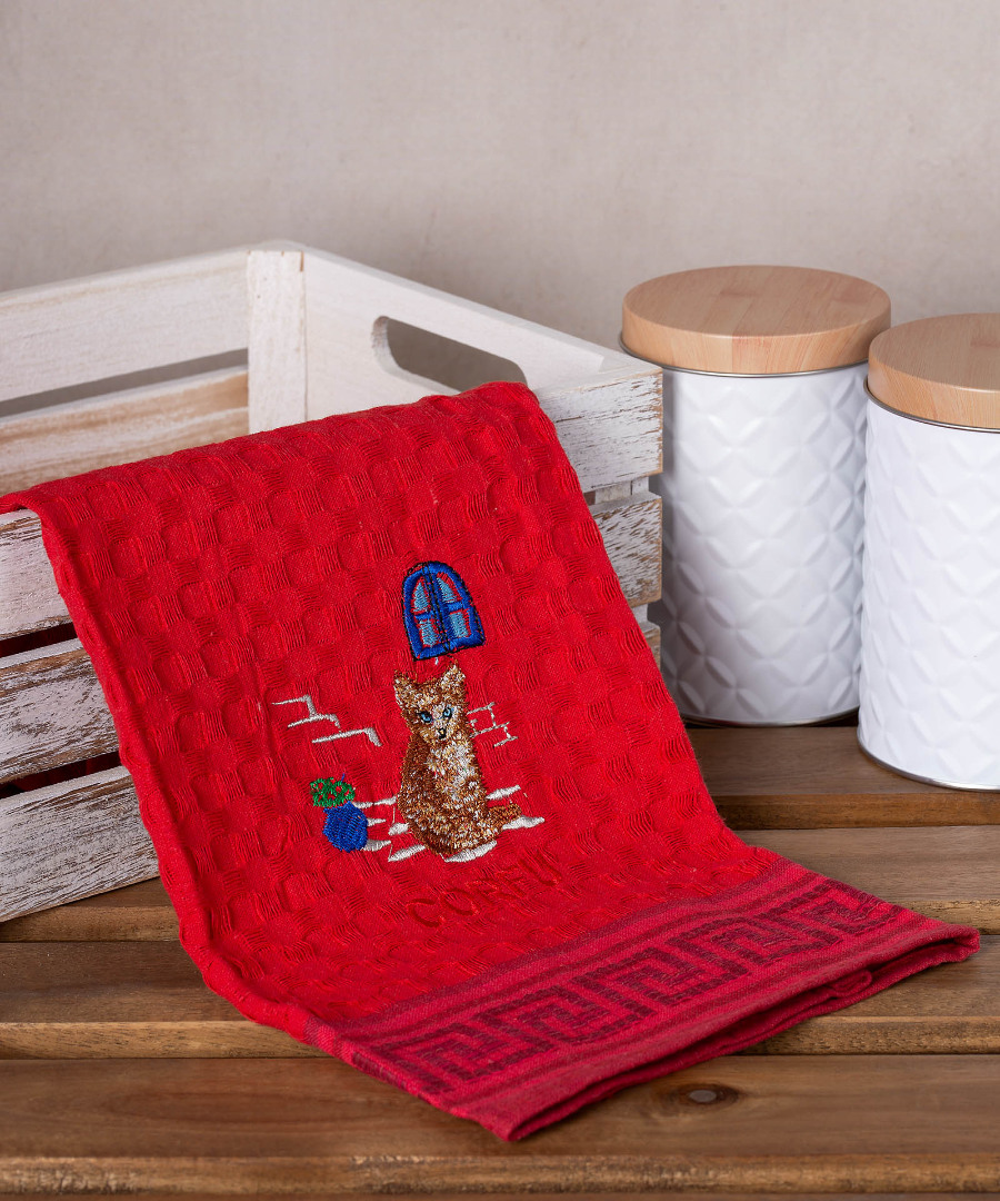 Σετ 12 τεμαχίων ποτηρόπανα γκοφρέ (50cm x 70cm) κόκκινο γάτα CORFU