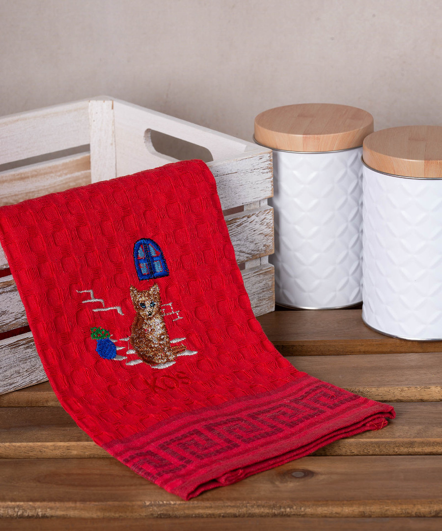 Σετ 12 τεμαχίων ποτηρόπανα γκοφρέ (50cm x 70cm) κόκκινο γάτα KOS