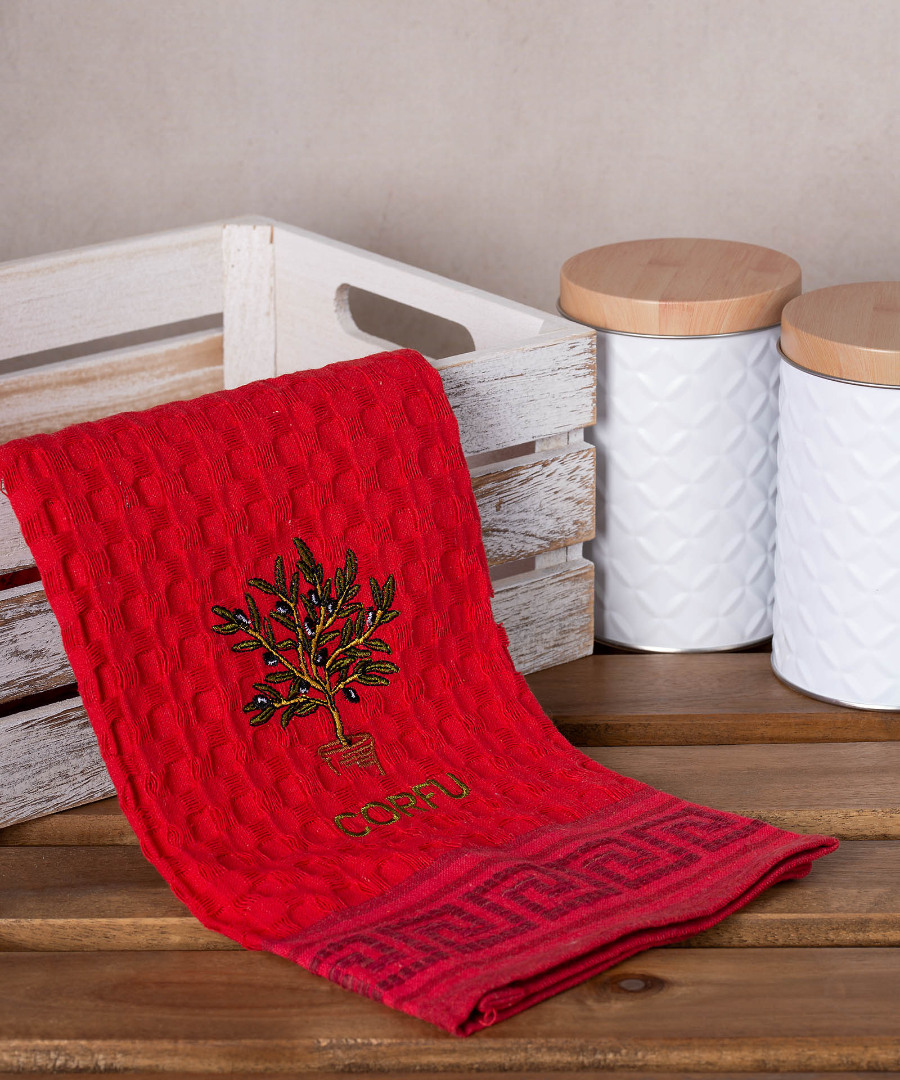 Σετ 12 τεμαχίων ποτηρόπανα γκοφρέ (50cm x 70cm) κόκκινο γλάστρα CORFU