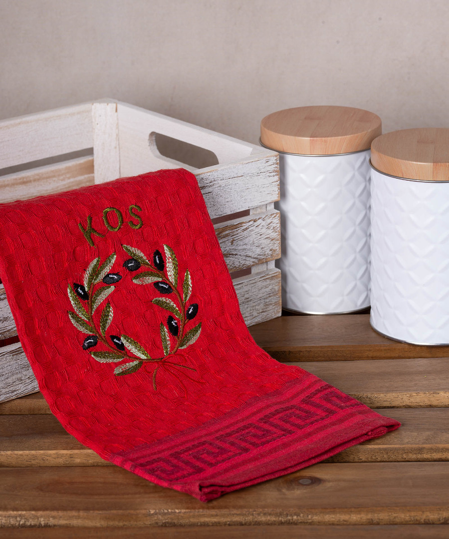Σετ 12 τεμαχίων ποτηρόπανα γκοφρέ (50cm x 70cm) κόκκινο στεφάνι KOS