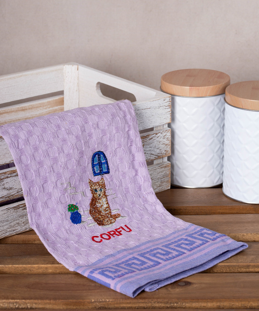 Σετ 12 τεμαχίων ποτηρόπανα γκοφρέ (50cm x 70cm) λιλά γάτα CORFU