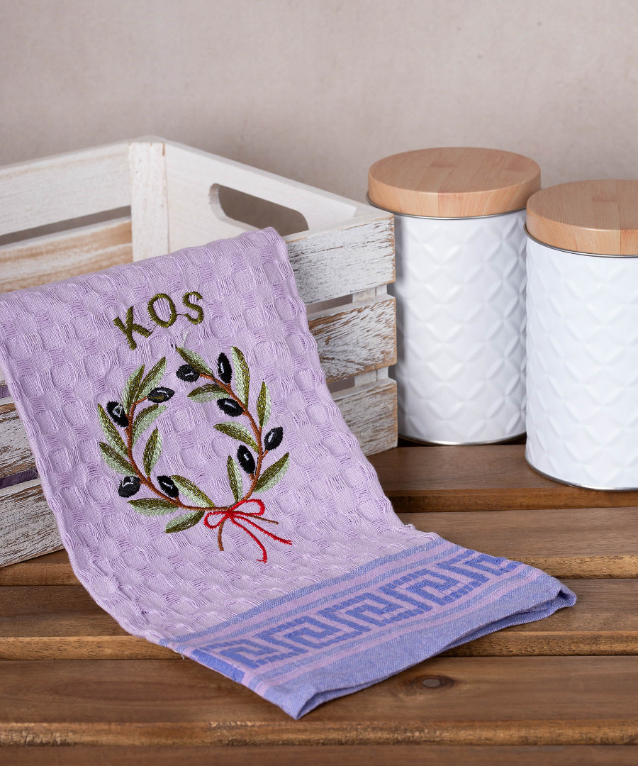 Σετ 12 τεμαχίων ποτηρόπανα γκοφρέ (50cm x 70cm) λιλά στεφάνι KOS