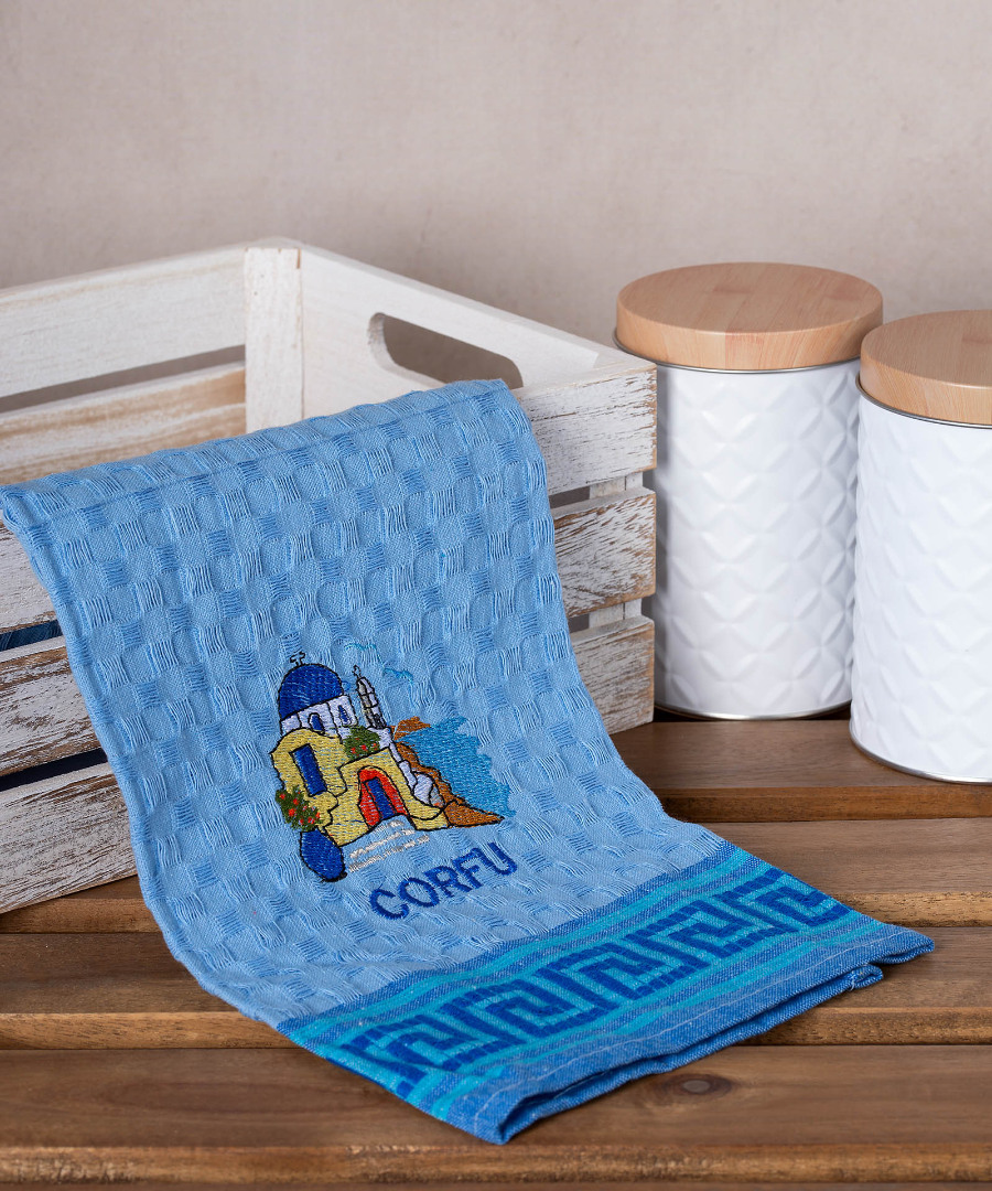 Σετ 12 τεμαχίων ποτηρόπανα γκοφρέ (50cm x 70cm) μπλέ εκκλήσία CORFU