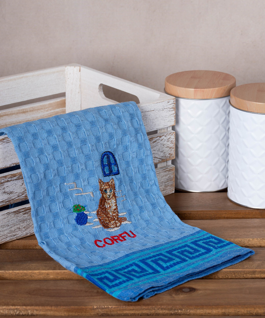 Σετ 12 τεμαχίων ποτηρόπανα γκοφρέ (50cm x 70cm) μπλέ γάτα CORFU