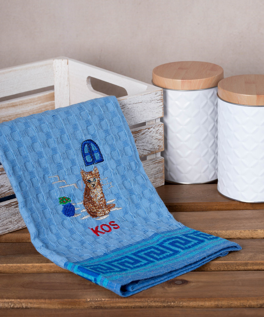 Σετ 12 τεμαχίων ποτηρόπανα γκοφρέ (50cm x 70cm) μπλέ γάτα KOS