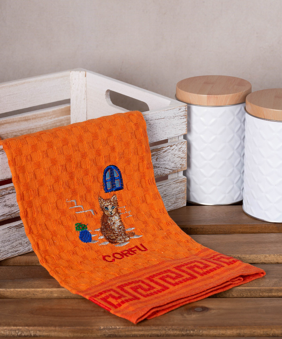 Σετ 12 τεμαχίων ποτηρόπανα γκοφρέ (50cm x 70cm) πορτοκαλί γάτα CORFU