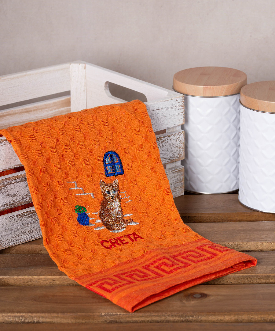 Σετ 12 τεμαχίων ποτηρόπανα γκοφρέ (50cm x 70cm) πορτοκαλί γάτα CRETA