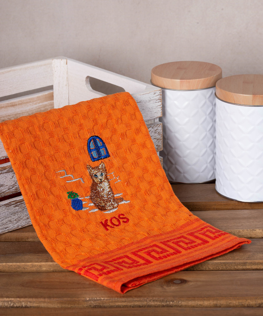 Σετ 12 τεμαχίων ποτηρόπανα γκοφρέ (50cm x 70cm) πορτοκαλί γάτα KOS