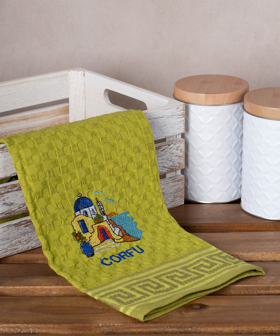 Σετ 12 τεμαχίων ποτηρόπανα γκοφρέ (50cm x 70cm) πράσινο εκκλησία CORFU
