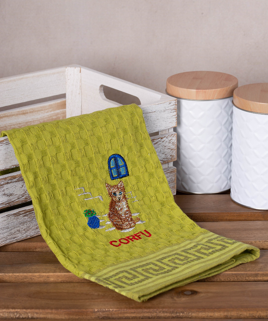 Σετ 12 τεμαχίων ποτηρόπανα γκοφρέ (50cm x 70cm) πράσινο γάτα CORFU